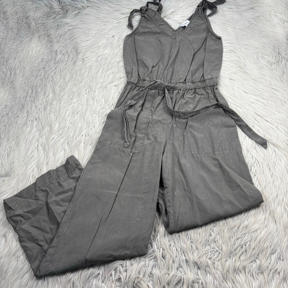 Evereve Women's XS Olive Green Cropped Wide Leg Jumpsuit Tie Shoulder Minimalist